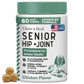 Chew + Heal Labs glucosamine dogs bottle shows 60 chews for senior joint support.