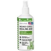 Chew + Heal Labs HOCl spray cap closeup shows gentle application on dog skin.
