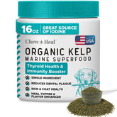 Chew + Heal Labs kelp powder canister emphasizes easy dosing for thyroid support.