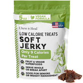 Chew + Heal Labs low-calorie jerky bag shows vegan ingredients for weight-friendly snacking