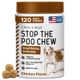 Chew Heal Labs No Poo Chews packaging highlighting stool-eating deterrent benefits for dogs.