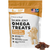 Chew + Heal Labs Omega Salmon Jerky packaging highlights USA-made quality for trusted dog treats.