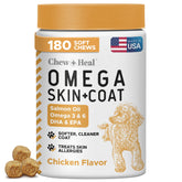 Chew + Heal Labs Omega soft chews in a bottle for easy daily skin and coat support.