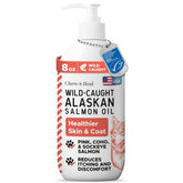 Chew + Heal Labs salmon oil bottle with pump cap for easy dosing and coat health.