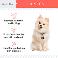 Close-up of Chew + Heal Labs salmon oil adding a natural coat shine.