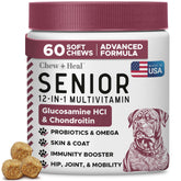 Chew Heal Labs senior dog multivitamin packaging supports easy daily dosing.