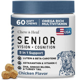 Chew Heal Labs senior dog vision bottle supports eye health with a USA-made multivitamin for dogs.