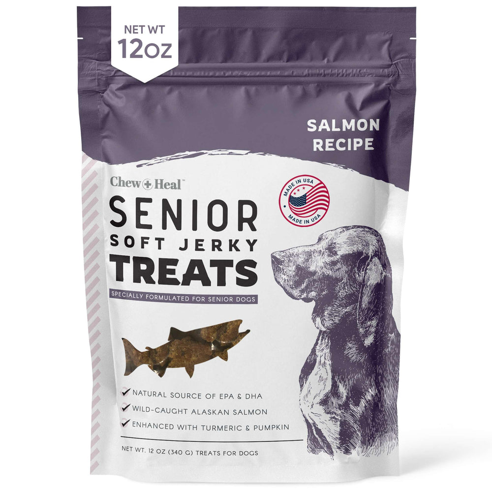 Chew + Heal Labs Seniors Soft Jerky Salmon packaging showcases USA-made omega-rich treats
