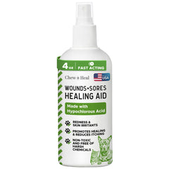 Chew + Heal Labs soothe-heal-fast bottle closeup for quick, sting-free relief of dog skin irritations.