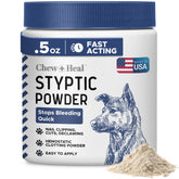 Chew + Heal Labs styptic powder on dog nails image to stop bleeding quickly during grooming.