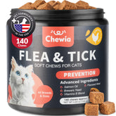 CHEWIA Cat Flea Chews bottle demonstrates daily flea prevention in a soft chicken-flavor treat.