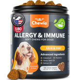 CHEWIA dog allergy chews packaging shows vet-recommended relief option.