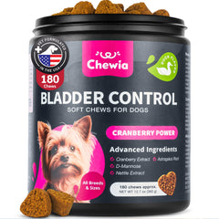 CHEWIA dog UTI treat packaging showcases vet-formulated cranberry blend for urinary health.