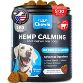 CHEWIA Hemp Calming Chews packaging shows anxiety-support ingredients for calmer moments.