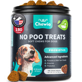 Chewia No Poo Chews dog bottle closeup promotes digestive comfort and pet gut health.