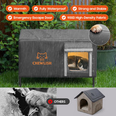 Chewlish outdoor heated cat house reinforced frame provides sturdy shelter against weather.