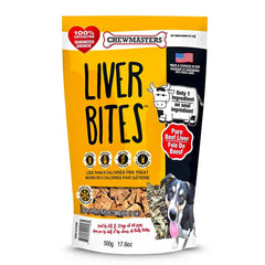 Chewmasters Beef Liver Bites packaging close-up, showcasing USA-made, protein-rich rewards.