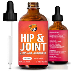 Chewy Max Glucosamine for Dogs bottle demonstrates daily joint support for active pets.