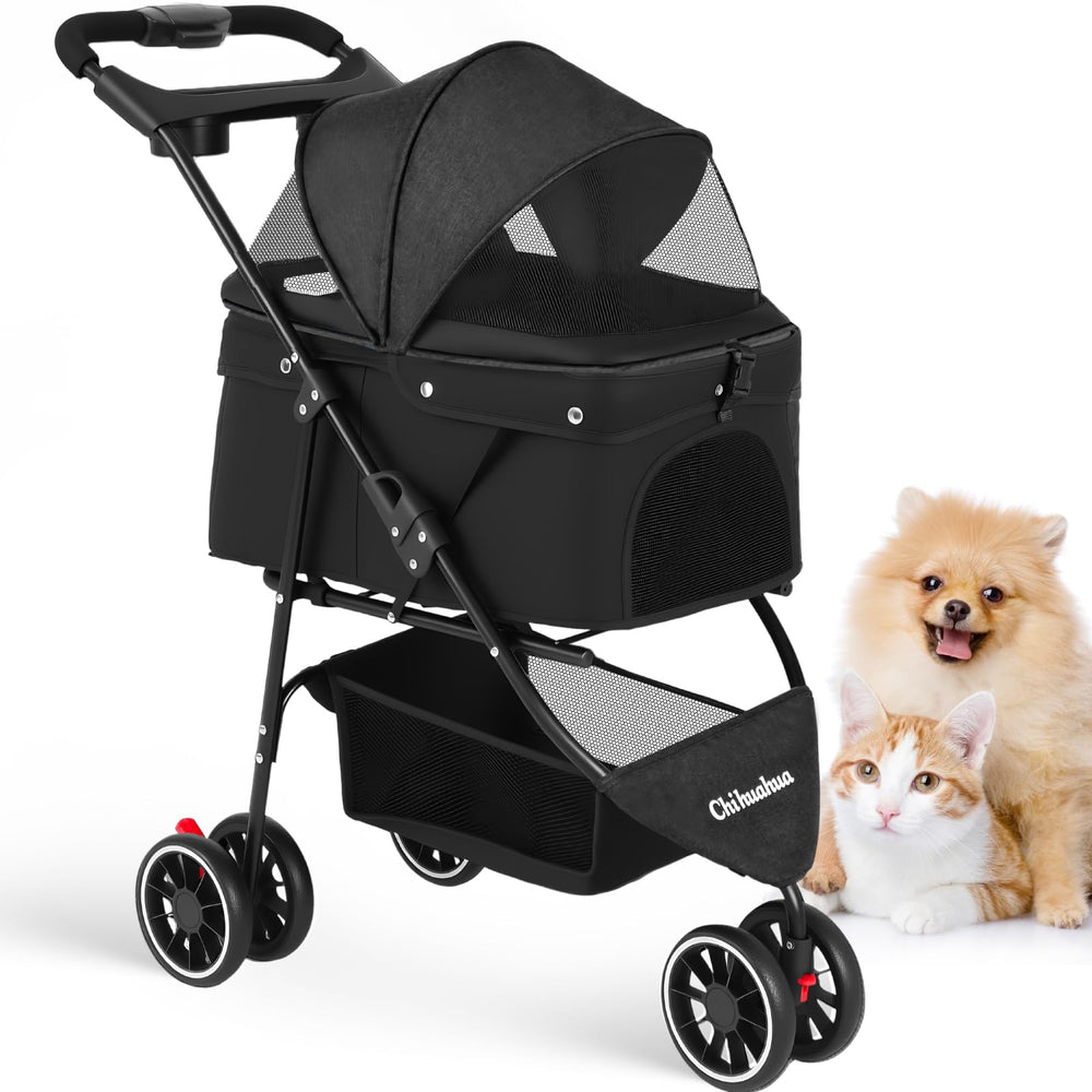 Chihuahua pet stroller front-angled view demonstrates easy steering for small and medium pets.