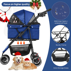 Chihuahua pet stroller navy folded view emphasizes compact storage for travel.