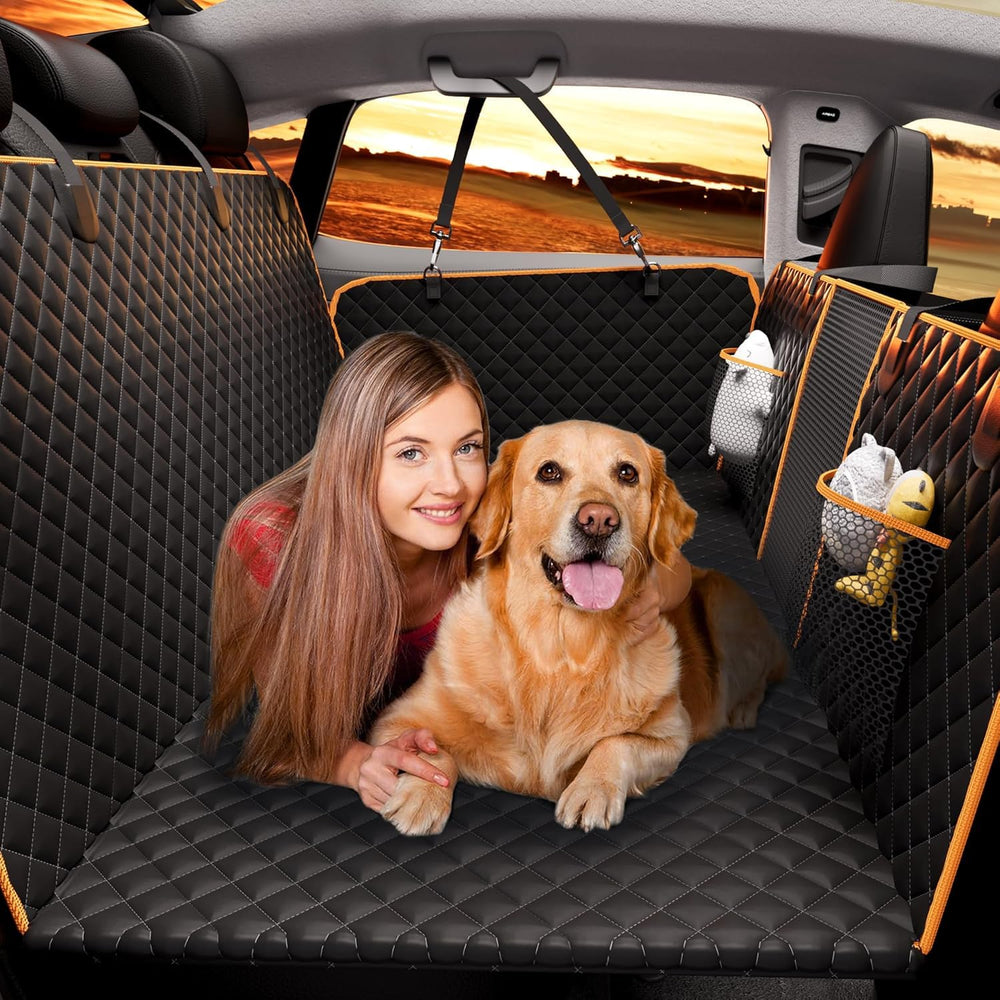 Chilino back seat extender shows extended space for large dogs on road trips.
