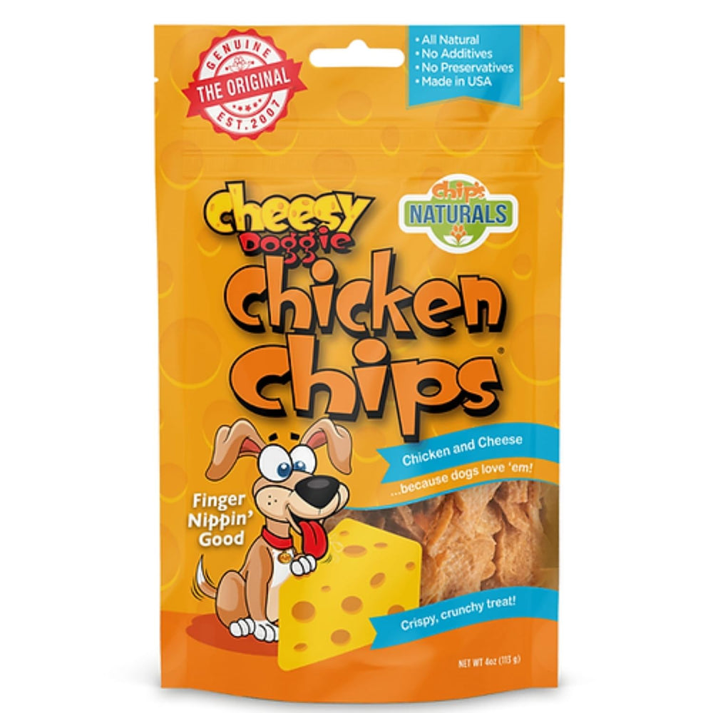 Chip's Naturals Cheesy Doggie Chicken Chips pack shot showing a protein-rich treat for dogs.
