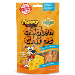Chip's Naturals Cheesy Doggie Chicken Chips pack shot showing a protein-rich treat for dogs.