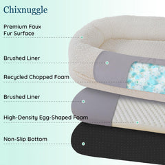 ChiXnuggle human dog bed ivory side-pocket close-up shows organized storage for essentials.