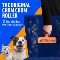 ChomChom Roller removing cat-dog hair on couch for quick pet hair removal.