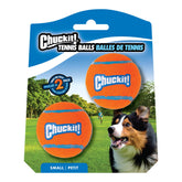 Chuckit! dog tennis ball small 2-inch close-up shows thick rubber core for gentler mouth contact.