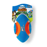 Chuckit! Giggle Fumble fetch ball close-up shows giggle sound and durable canvas.