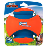 Chuckit Kick Fetch Ball small dog chasing on grass with high-visibility colors for easy sighting.