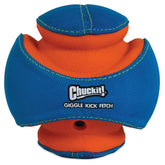 ChuckIt Kick Fetch Ball small front view with bright colors for high visibility during play.