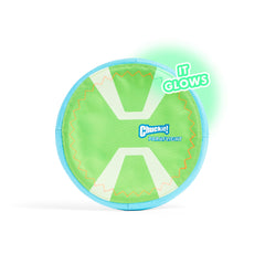 Chuckit! Max Glow Paraflight Disc with soft rubber edges for gentle mouth contact.