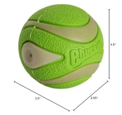 Chuckit Max Glow Ultra Squeaker Ball close-up highlights the engaging safety squeaker.