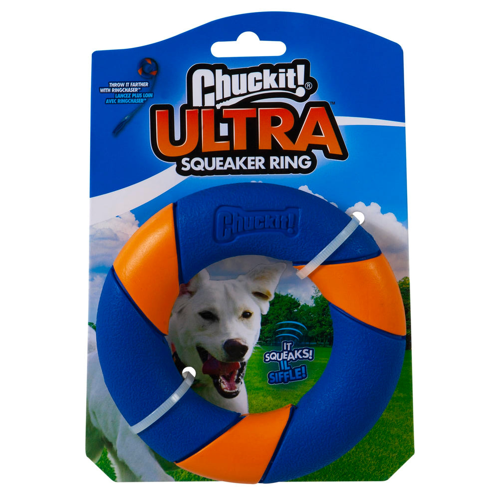 Chuckit Ultra Squeaker Ring toy in hand ready for engaging fetch adventures