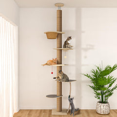 Chuiendi floor-to-ceiling cat tree assembly step demonstrates height-ready setup for tall spaces