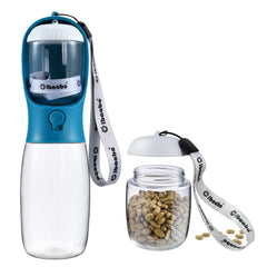 Cibaabo dog water bottle with food container close-up showing snack port for outings