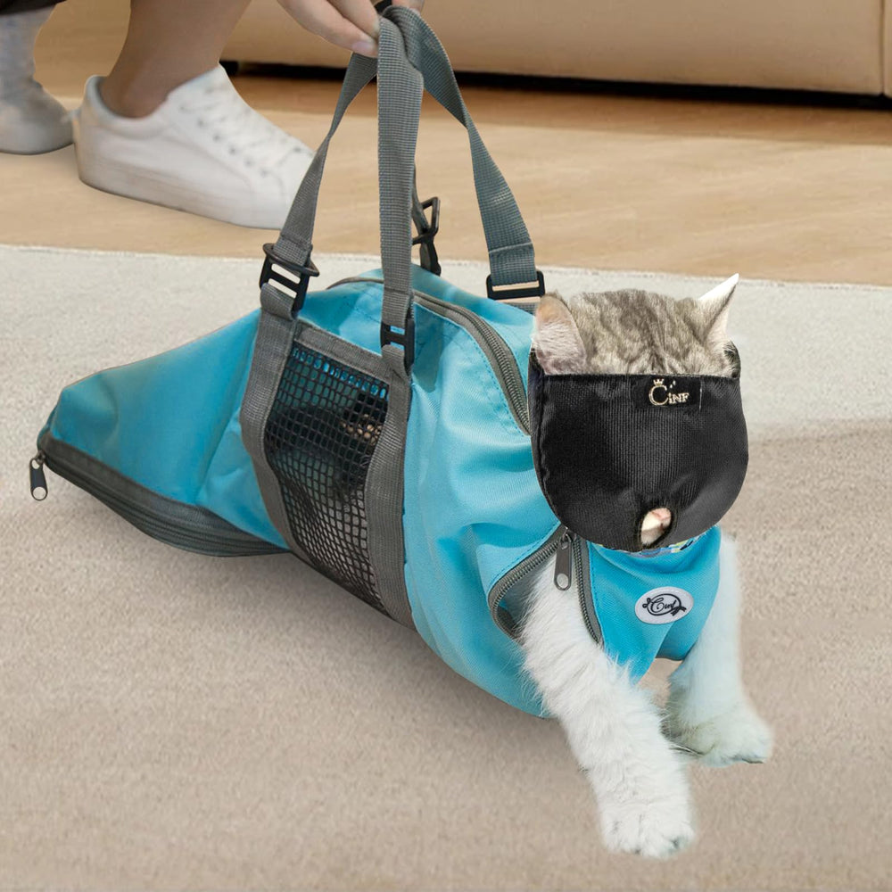 Cinf cat nail clipping bag blue front view enabling calm grooming.
