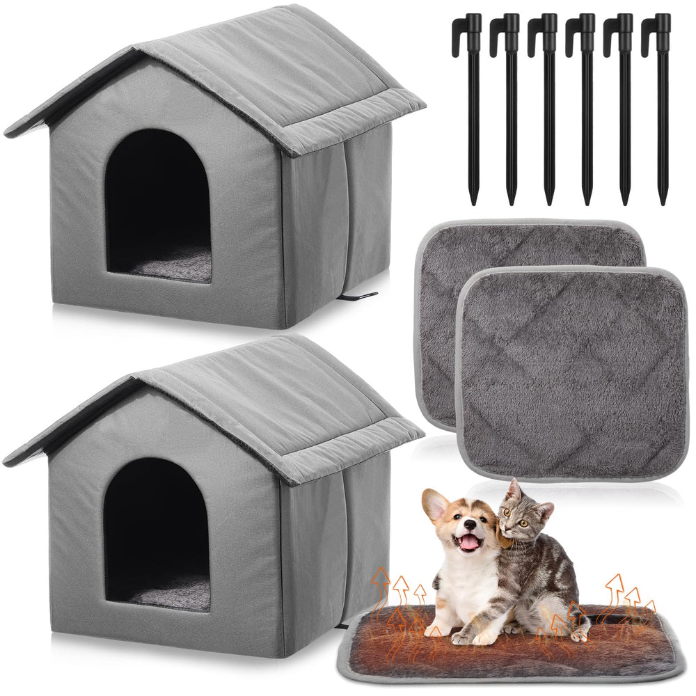 Cinnvoice outdoor cat shelter 2-pack gray, front view, weatherproof shelter for stray cats.