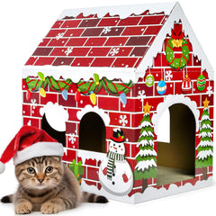 Cinrobiye Christmas cardboard cat house front view provides cozy gingerbread hideaway.
