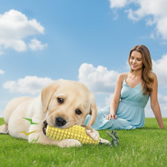 ClariVora corn dog chew toy in use for interactive squeaky play for small dogs.