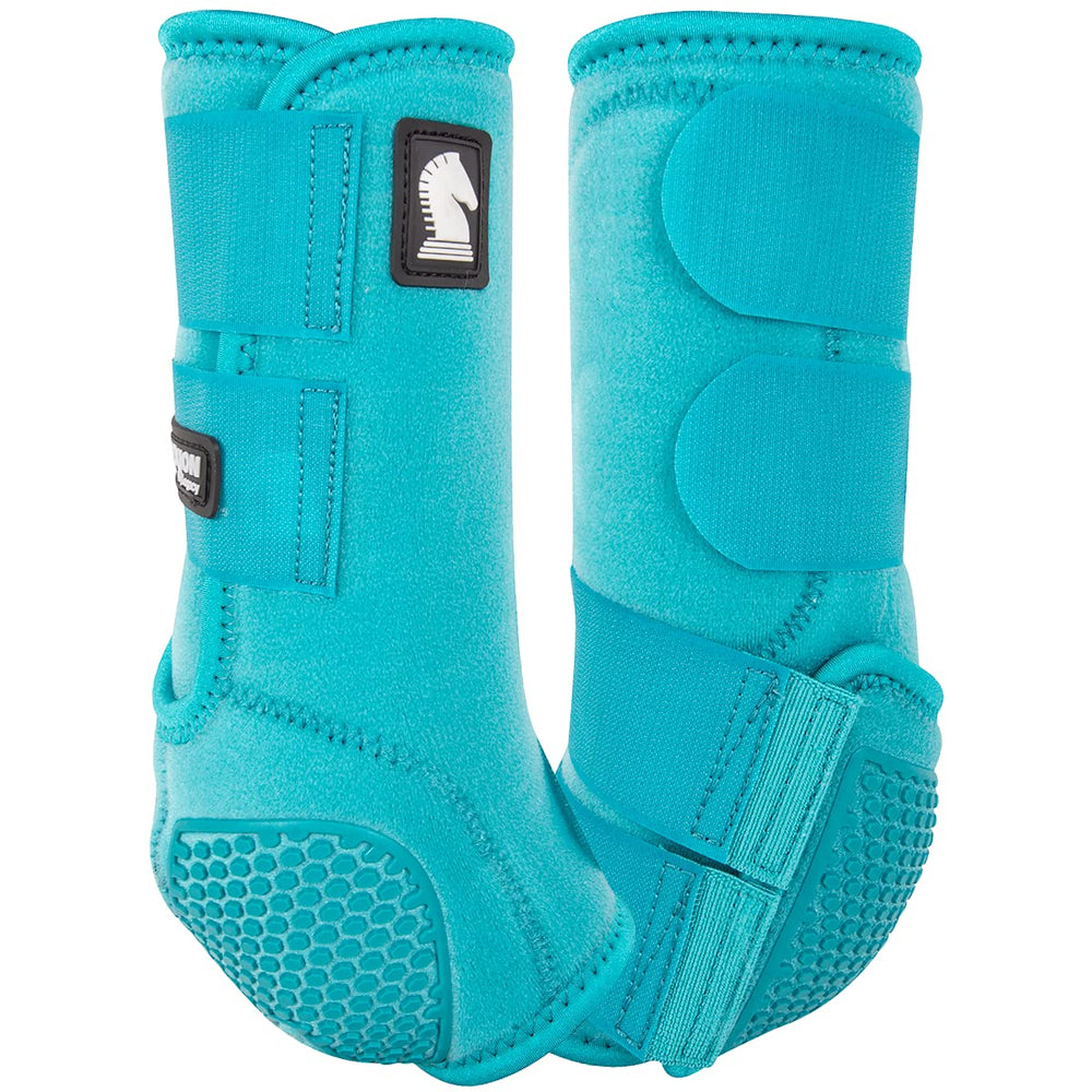 Classic Equine Flexion Legacy2 hind support boot in aqua provides secure fit and fetlock protection during movement.