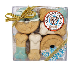 Claudias Canine Bakery blue buddies gift box shows premium dog treats ideal for gifting and travel
