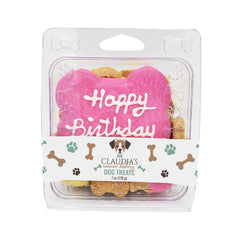 Claudia's Canine Bakery pink birthday cookie clamshell close-up for celebratory treats.