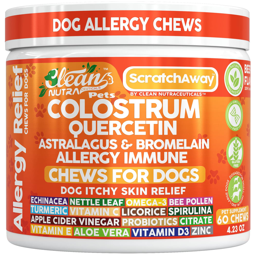 Clean Nutraceuticals dog allergy chews pack shot highlighting beef flavor and chew texture for itch relief potential