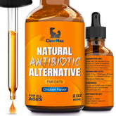 Clear Max Cat Antibiotic bottle front showing chicken flavor and 2 oz size for easy dosing.