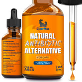 Clear Max cat antibiotics drops bottle with turkey flavor supports respiratory comfort.