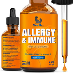 Clear Max bottle with label for natural allergy support in cats and dogs.