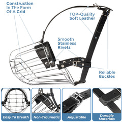 CleverTail Pitbull Muzzle basket detail reveals steel cage and breathability.